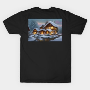 Magical Fantasy House with Lights in a Snowy Scene, Fantasy Cottagecore artwork T-Shirt